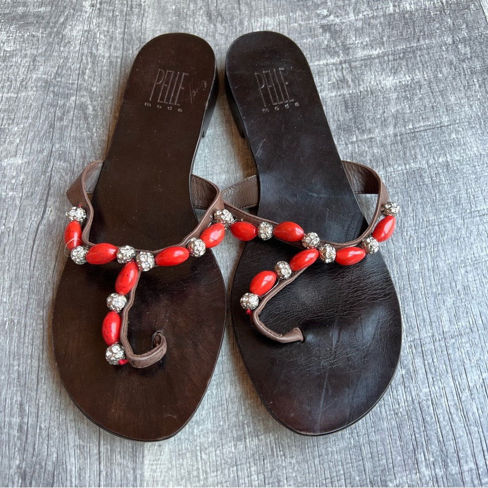 Vintage Pelle Moda Beaded Rhinestones Brown Cushion Flat Thong Sandals 8 M